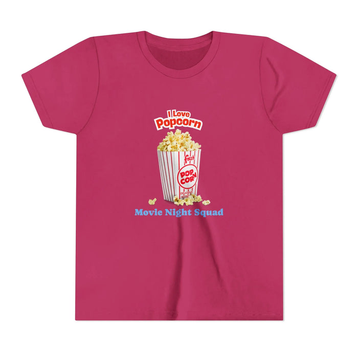 Red t-shirt with popcorn bucket graphic and text I Love Popcorn Movie Night Squad