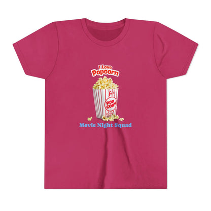 Red t-shirt with popcorn bucket graphic and text I Love Popcorn Movie Night Squad