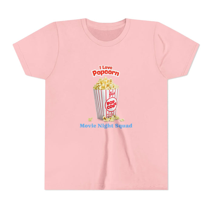 Pink t-shirt with popcorn bucket graphic and text I Love Popcorn Movie Night Squad