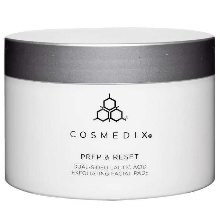 CosMedix Prep and Reset dual-sided lactic acid exfoliating facial pads jar with its box