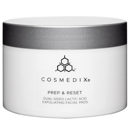 CosMedix Prep and Reset dual-sided lactic acid exfoliating facial pads jar with its box
