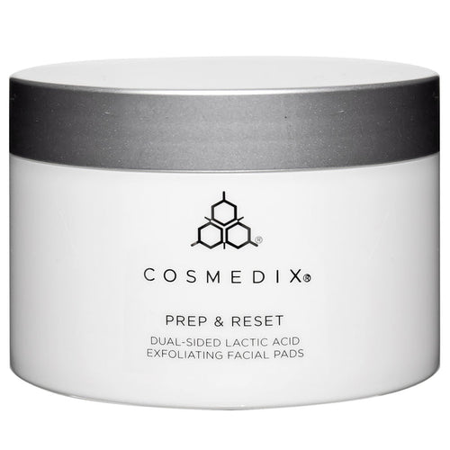 CosMedix Prep and Reset dual-sided lactic acid exfoliating facial pads jar with its box