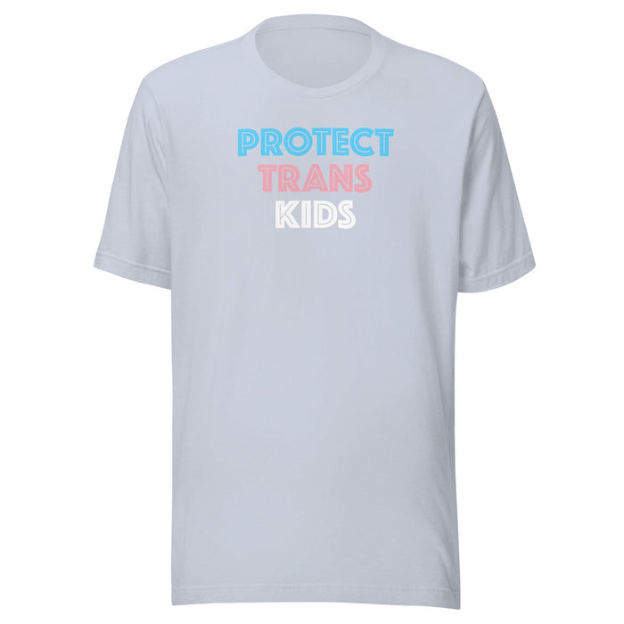 Protect Trans Kids unisex t-shirt in light blue with bold blue, pink, and white graphic lettering on the front
