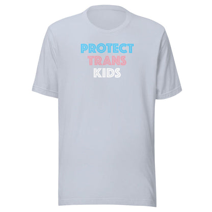 Protect Trans Kids unisex t-shirt in light blue with bold blue, pink, and white graphic lettering on the front