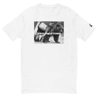 Clean flat front view of white Naro Pinosa Provincetown bear graphic t-shirt. Original Bear Week design from Adam's Nest, Provincetown. LGBTQ queer-owned