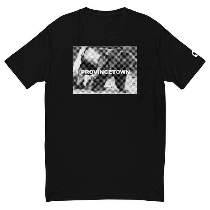Clean flat front view of black Naro Pinosa Provincetown bear graphic t-shirt. Original Bear Week design from Adam's Nest, Provincetown. LGBTQ queer-owned