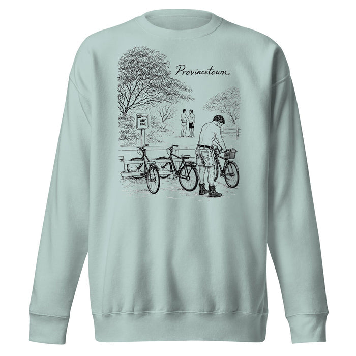 A sage green crewneck sweatshirt featuring a black line art graphic of a cyclist in a park with the word 'Provincial.' printed above, displayed on a solid white background.