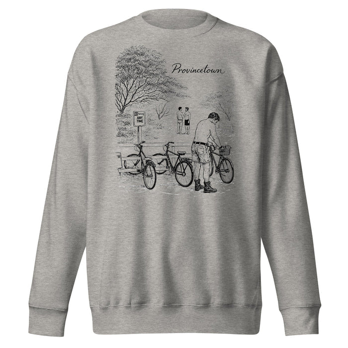 A light heather gray crewneck sweatshirt featuring a black line art graphic of a cyclist in a park with the word 'Provincial' printed above, shown against a plain white background.