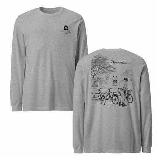 A heather gray long-sleeve t-shirt shown from both the front and back. The front features a small black graphic logo on the left chest, while the back displays a large black line art illustration of a person with a bicycle in a park, with the word 'Provincetown' written above.
