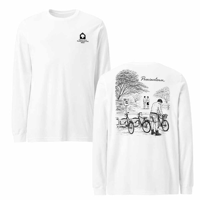 White long-sleeve t-shirt shown from both front and back. The front features a small black printed logo on the left chest, and the back features a large black line art graphic of a person with bicycles in a park, with the text 'Provincialtown' above it.