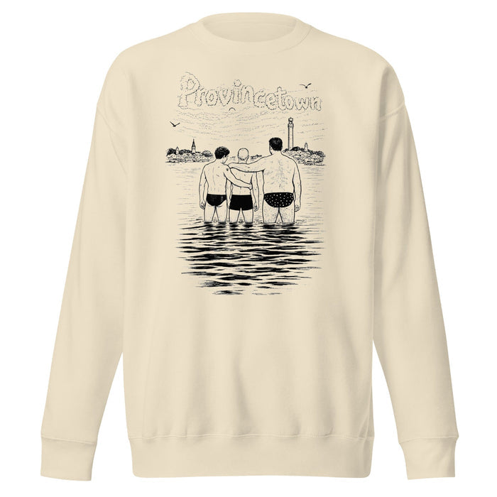 A cream-colored crewneck sweatshirt featuring a black line art graphic of three men standing in water with the word 'Provincetown' written above them, displayed on a solid white background.