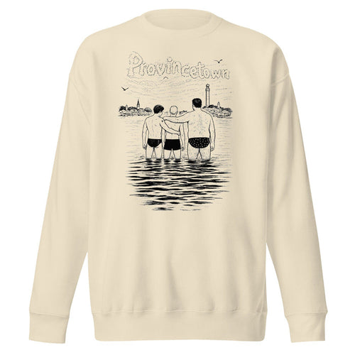 A cream-colored crewneck sweatshirt featuring a black line art graphic of three men standing in water with the word 'Provincetown' written above them, displayed on a solid white background.