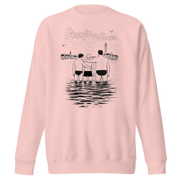 A light pink crewneck sweatshirt featuring a black line art graphic on the back. The graphic shows three men standing in water with a lighthouse and the word 'Provincetown' written above them.