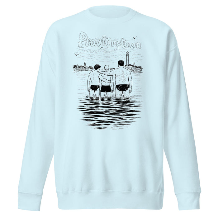 A light blue crewneck sweatshirt featuring a black and white graphic print on the back. The graphic shows three men standing in water with their arms around each other, with the word 'Provincetown' written above them in a stylized font.