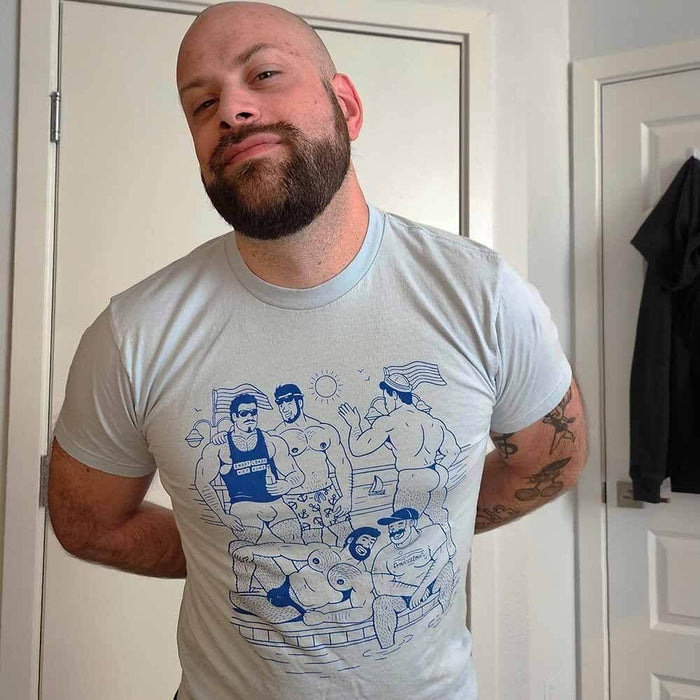 Hey Beefcake Boatslip Tea Sand Graphic T-shirt on man