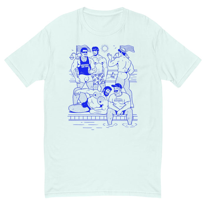 light blue short-sleeve t-shirt with a blue line art graphic of a group of friends by a swimming pool, shown on a plain white background.