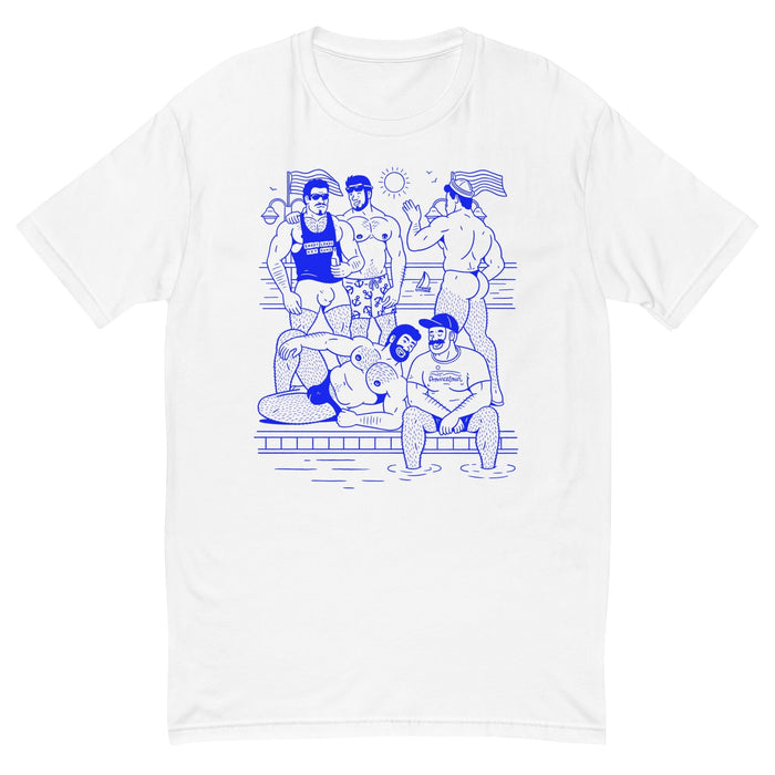 A white short-sleeve crewneck t-shirt featuring a blue line art graphic of a group of friends by a swimming pool.