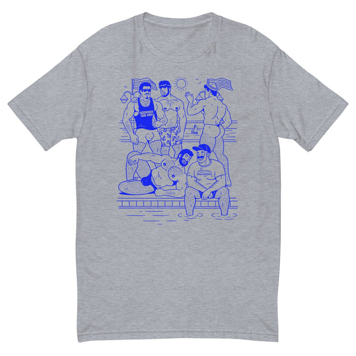 A heather gray short-sleeve crewneck t-shirt featuring a blue line art graphic of a group of friends by a swimming pool.