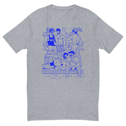 A heather gray short-sleeve crewneck t-shirt featuring a blue line art graphic of a group of friends by a swimming pool.