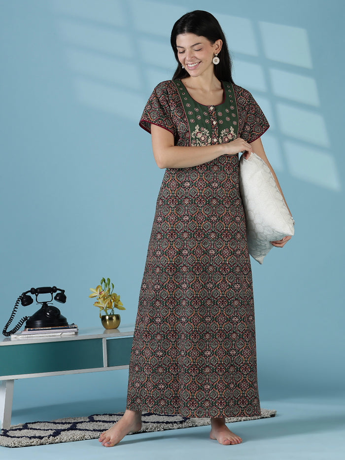 Mehandi green premium 100% pure cotton nighty for women
