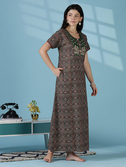 Mehandi green premium 100% pure cotton nighty for women