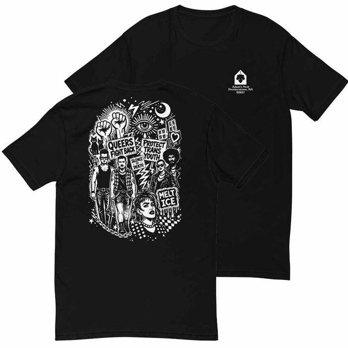 queers fight back protect trans youth melt ice white graphic on black t-shirt