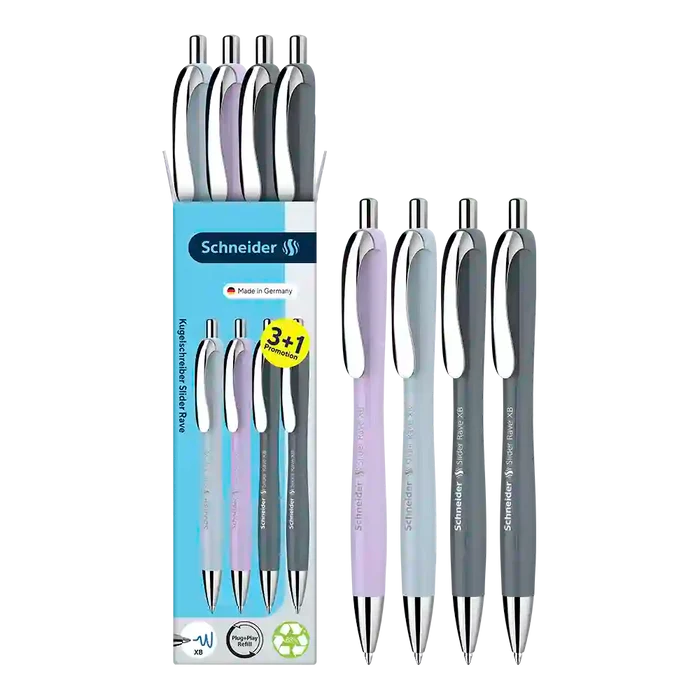 Schneider Rave Retractable Ballpoint Pen XB, Trend 26 Limited Edition, Promo Set of 3 + 1 FREE Pen 132654