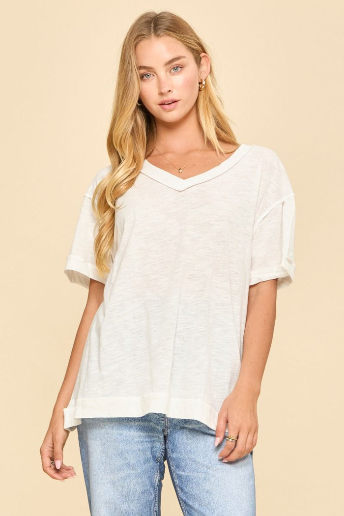 Raw Edge V-Neck Cotton Top by Andree by Unit