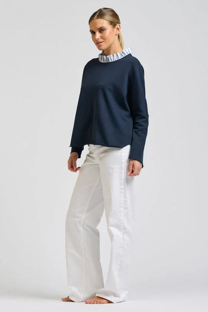 RAW FRILL COLLAR SWEATSHIRT in Navy + Stripe Collar by Shirty