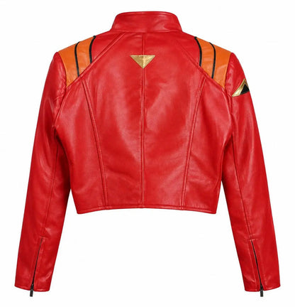 Red Orange Moto Crop Jacket – Handmade Anime Pilot Cosplay Lambskin Leather Jacket for Women
