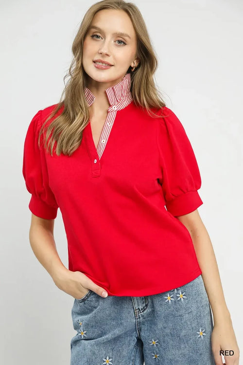 Red Striped Collar Popover Top