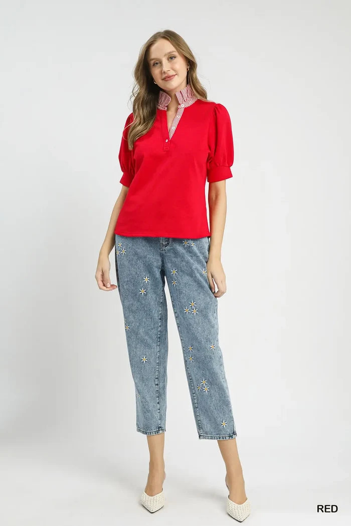 Red Striped Collar Popover Top