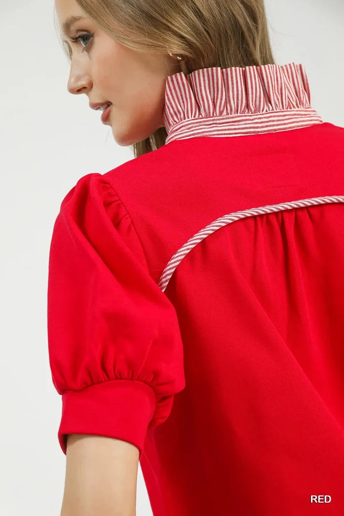 Red Striped Collar Popover Top