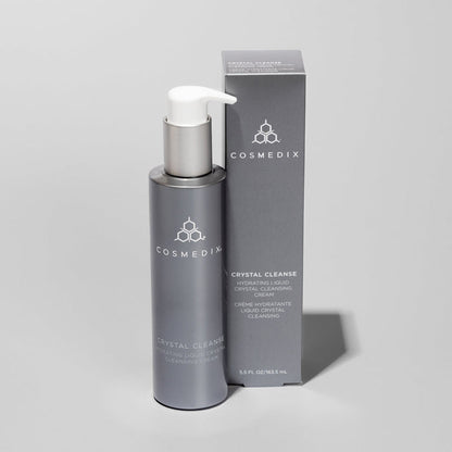 Cosmedix Liquid Crystal Hydration Duo bottle with pump beside a gray Crystal Cleanse box