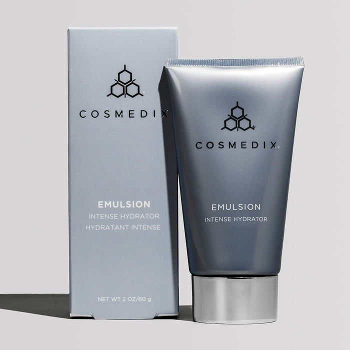 CosMedix Emulsion Intensive Hydrator box and tube displayed on a gray surface