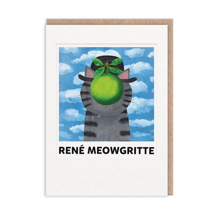 Greeting card with cat and green fruit illustration, René Meowgritte text