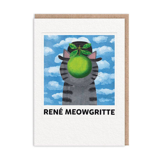 Greeting card with cat and green fruit illustration, René Meowgritte text