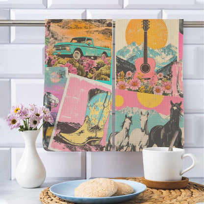 Retro Pop Western kitchen dish towel by BAHA RANCH WESTERN WEAR featuring colorful western-themed patterns.