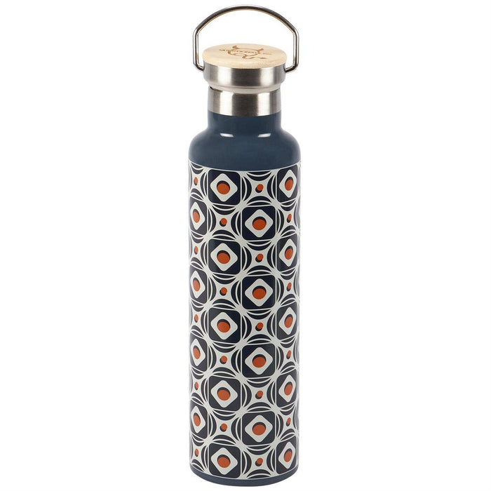 Questionables Retro Tile Insulated Glass Bottle with colorful tile pattern and stainless steel lid, ideal for hot or cold beverages.