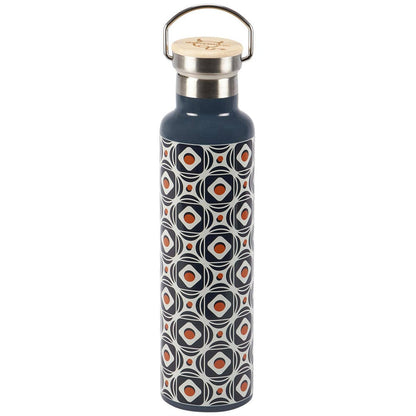 Questionables Retro Tile Insulated Glass Bottle with colorful tile pattern and stainless steel lid, ideal for hot or cold beverages.