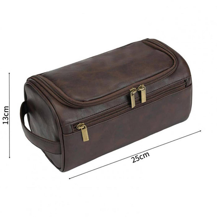 ACCITY Retro Travel Dopp Kit toiletry bag with leather accents, compact design, and multiple compartments for organized travel essentials.