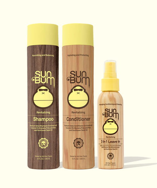 Sun Bum Revitalizing Hair Care Bundle with shampoo, conditioner, and 3 in 1 leave-in for hair care.
