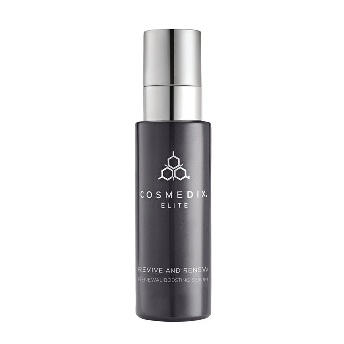 Revive and Renew Renewal Boosting Serum bottle beside its dark box in a clean studio setting