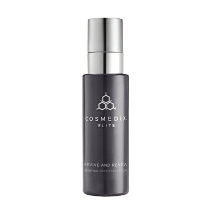 Revive and Renew Renewal Boosting Serum bottle beside its dark box in a clean studio setting