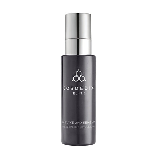 Revive and Renew Renewal Boosting Serum bottle beside its dark box in a clean studio setting