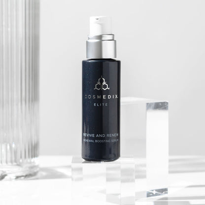CosMedix Revive and Renew Renewal Boosting Serum bottle with white pump and silver collar on a light background