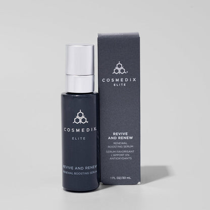 Close up of Revive and Renew serum bottle with silver cap beside its dark CosMedix Elite box