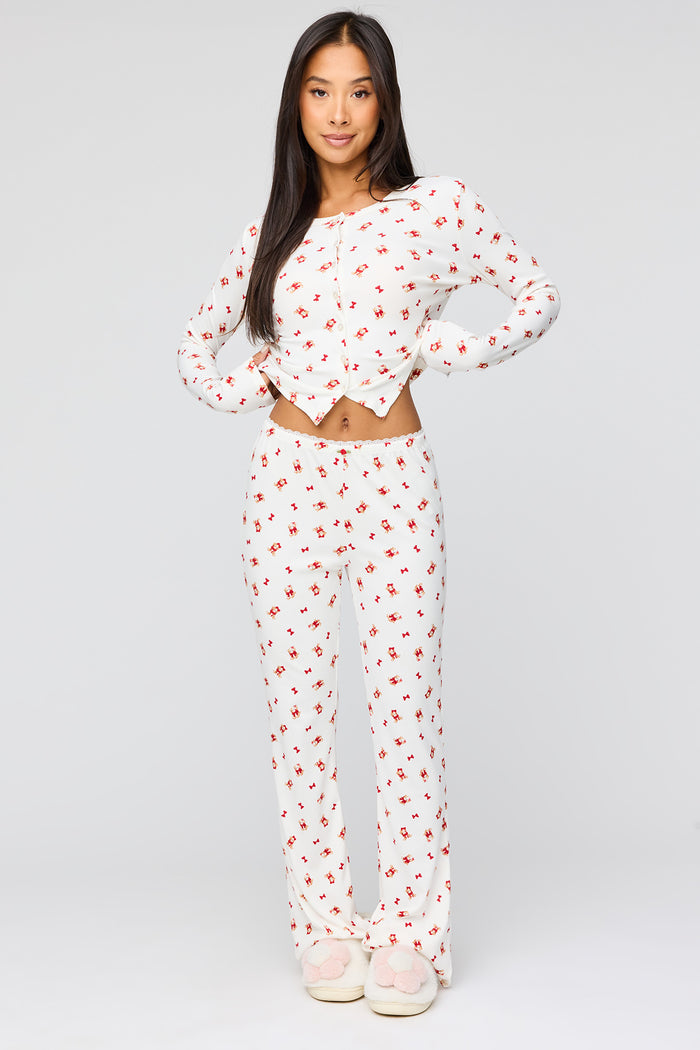 Ribbed Button-Up Top & Pant Pajama Set