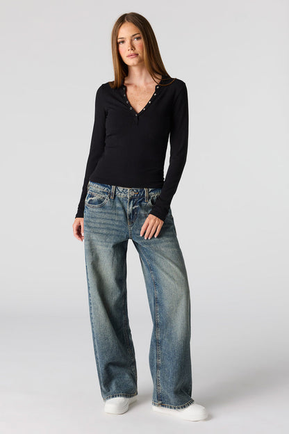 Ribbed Long Sleeve Henley Top