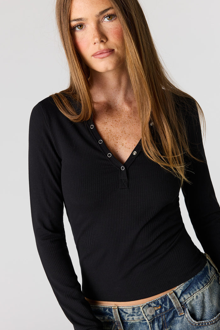 Ribbed Long Sleeve Henley Top